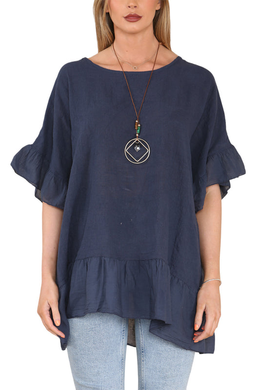 Dames Flouncy Top met Ruches aan Zoom en Mouwen, Marineblauw