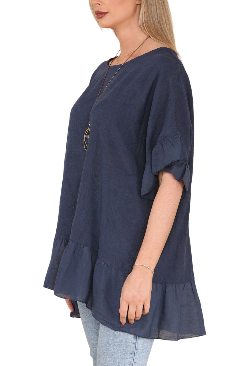 Ladies Frill Hem & Sleeve Floaty Top Navy