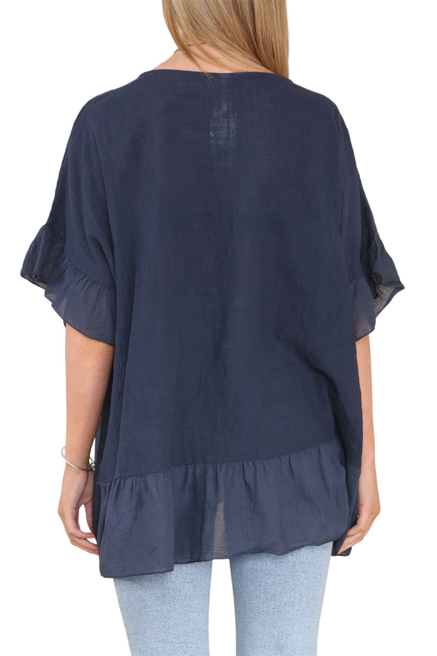 Ladies Frill Hem & Sleeve Floaty Top Navy