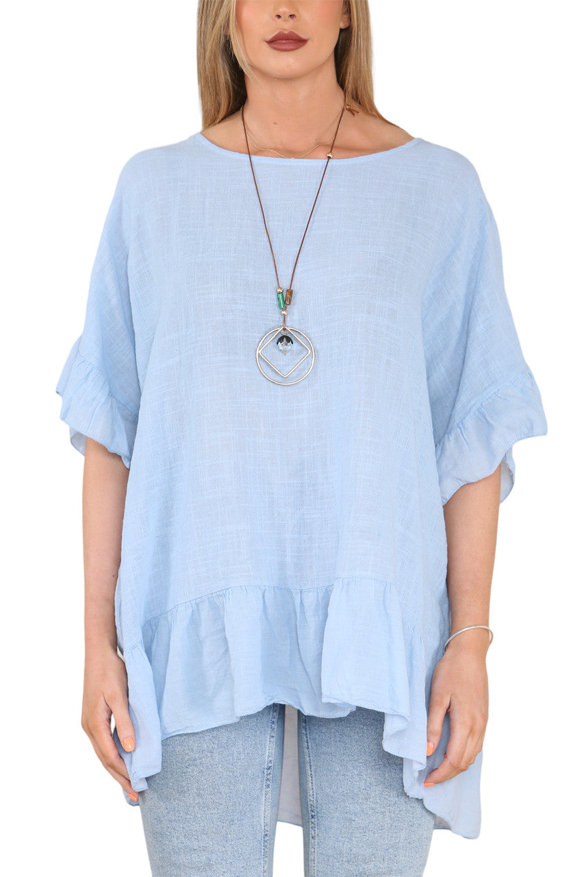 Ladies Frill Hem & Sleeve Floaty Top Light Blue