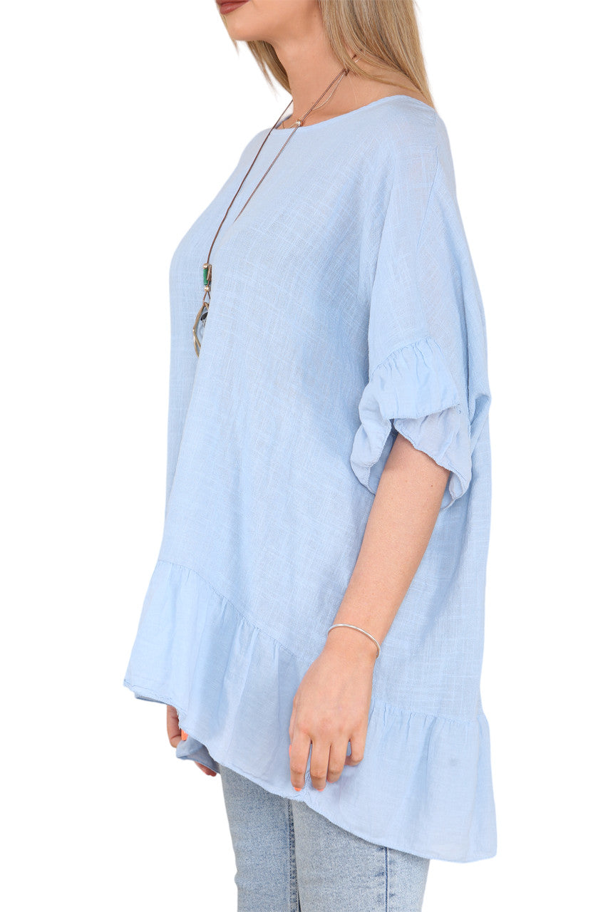 Ladies Frill Hem & Sleeve Floaty Top Light Blue