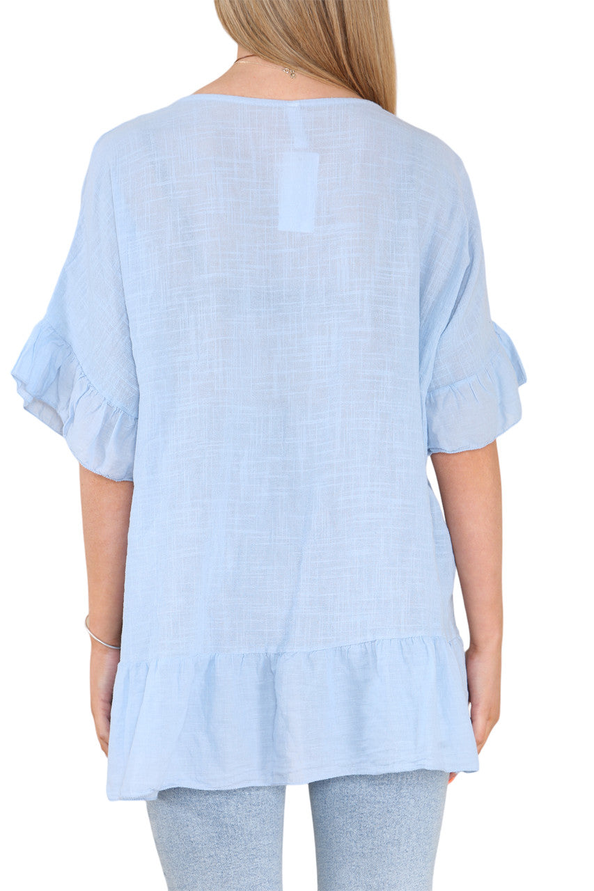 Ladies Frill Hem & Sleeve Floaty Top Light Blue