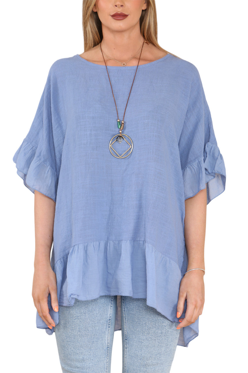 Ladies Frill Hem & Sleeve Floaty Top Denim