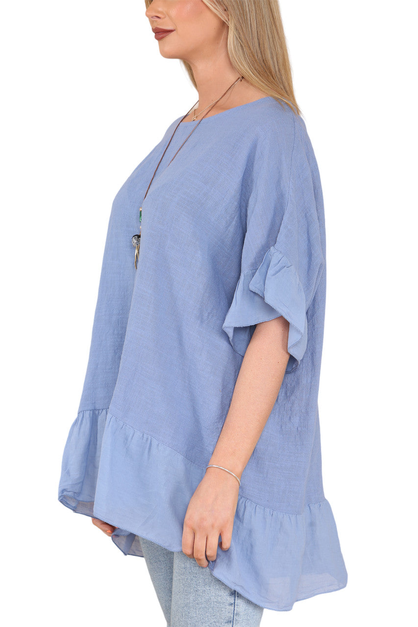 Ladies Frill Hem & Sleeve Floaty Top Denim