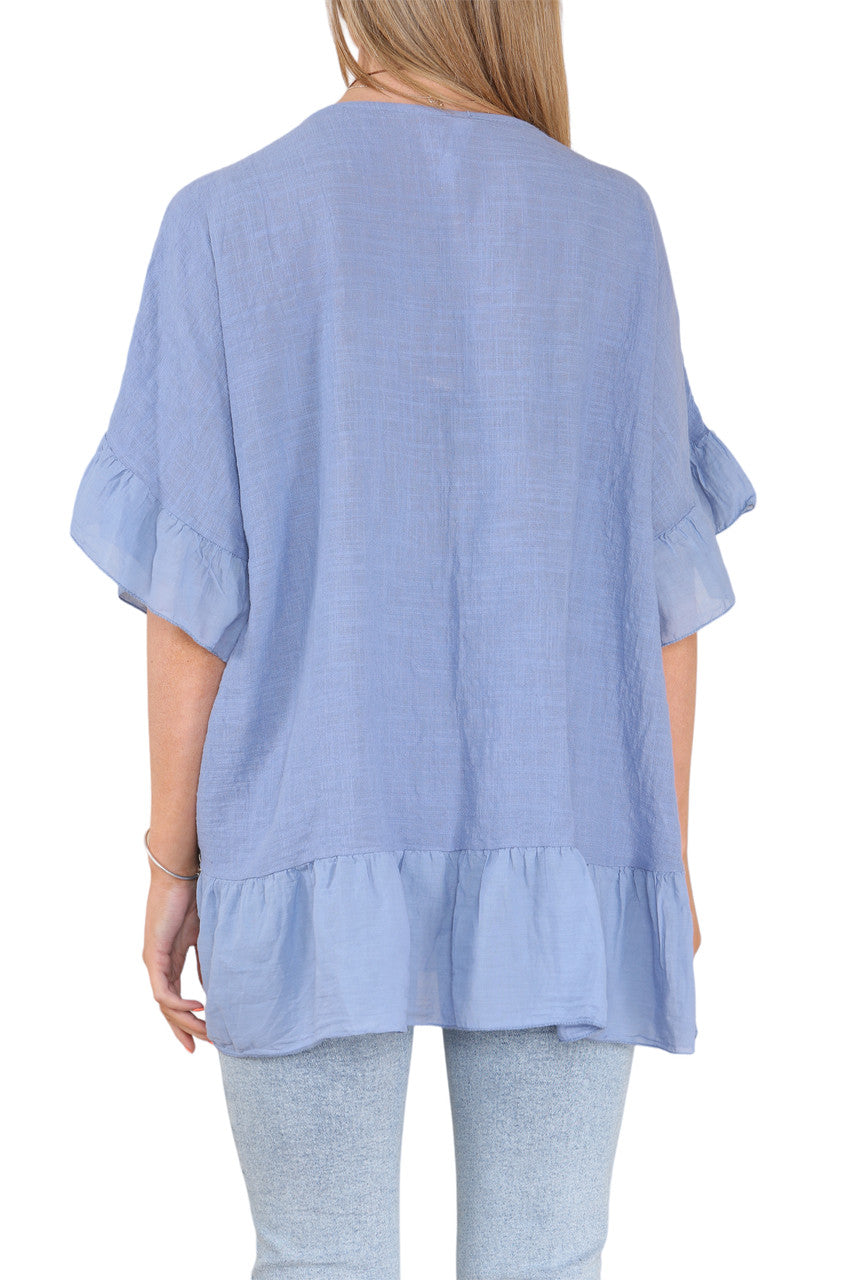 Ladies Frill Hem & Sleeve Floaty Top Denim