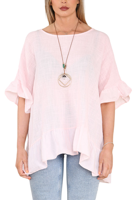 Dames Fluwelen Top met Ruches aan Zoom en Mouwen Dusty Pink