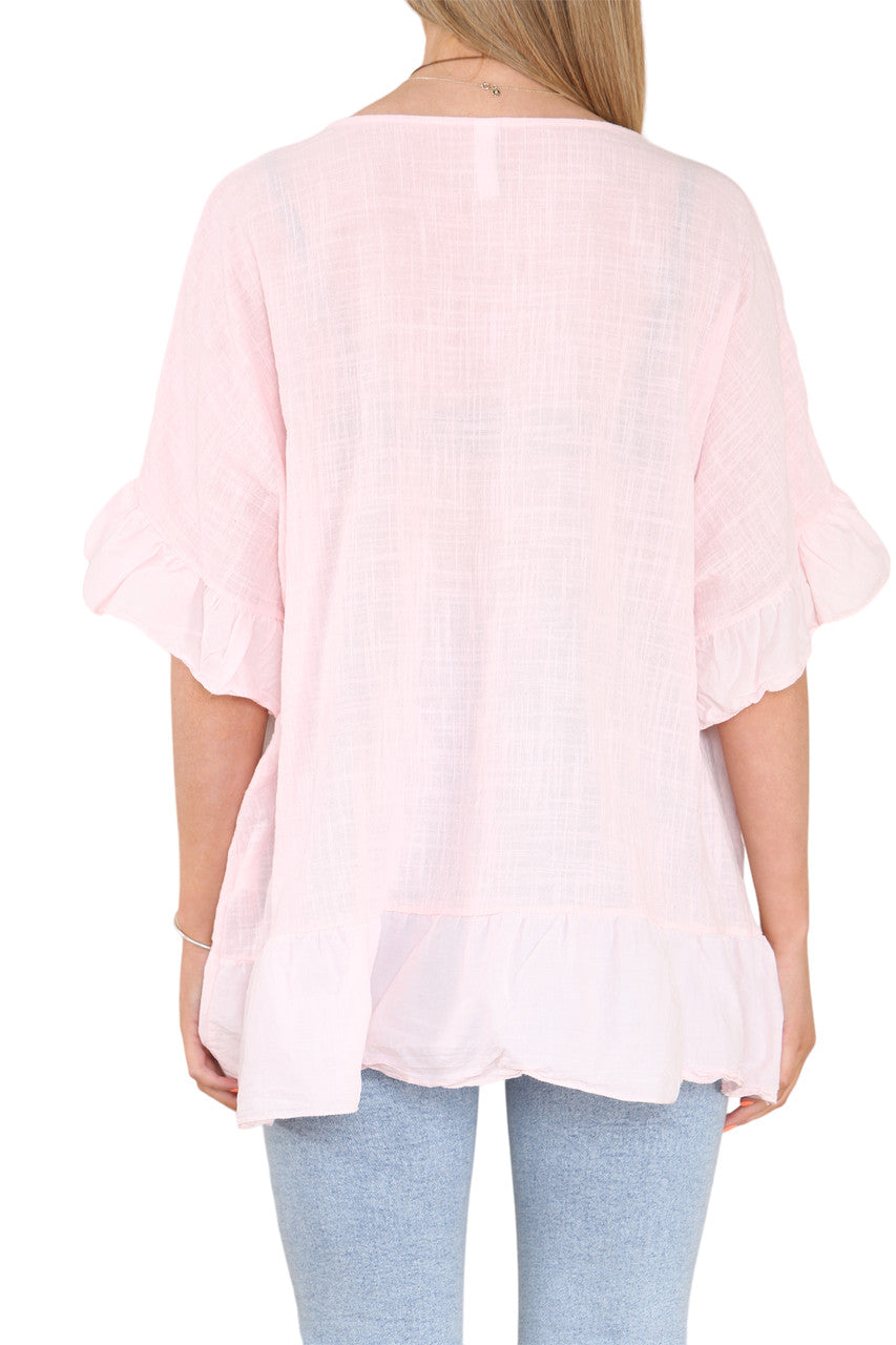 Ladies Frill Hem & Sleeve Floaty Top Dusty Pink