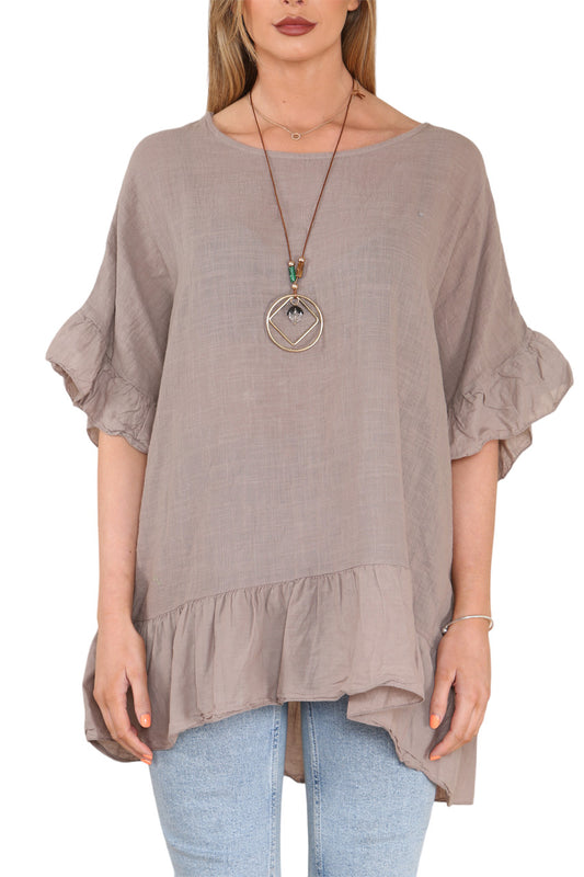 Dames top met ruches aan zoom en mouwen Taupe
