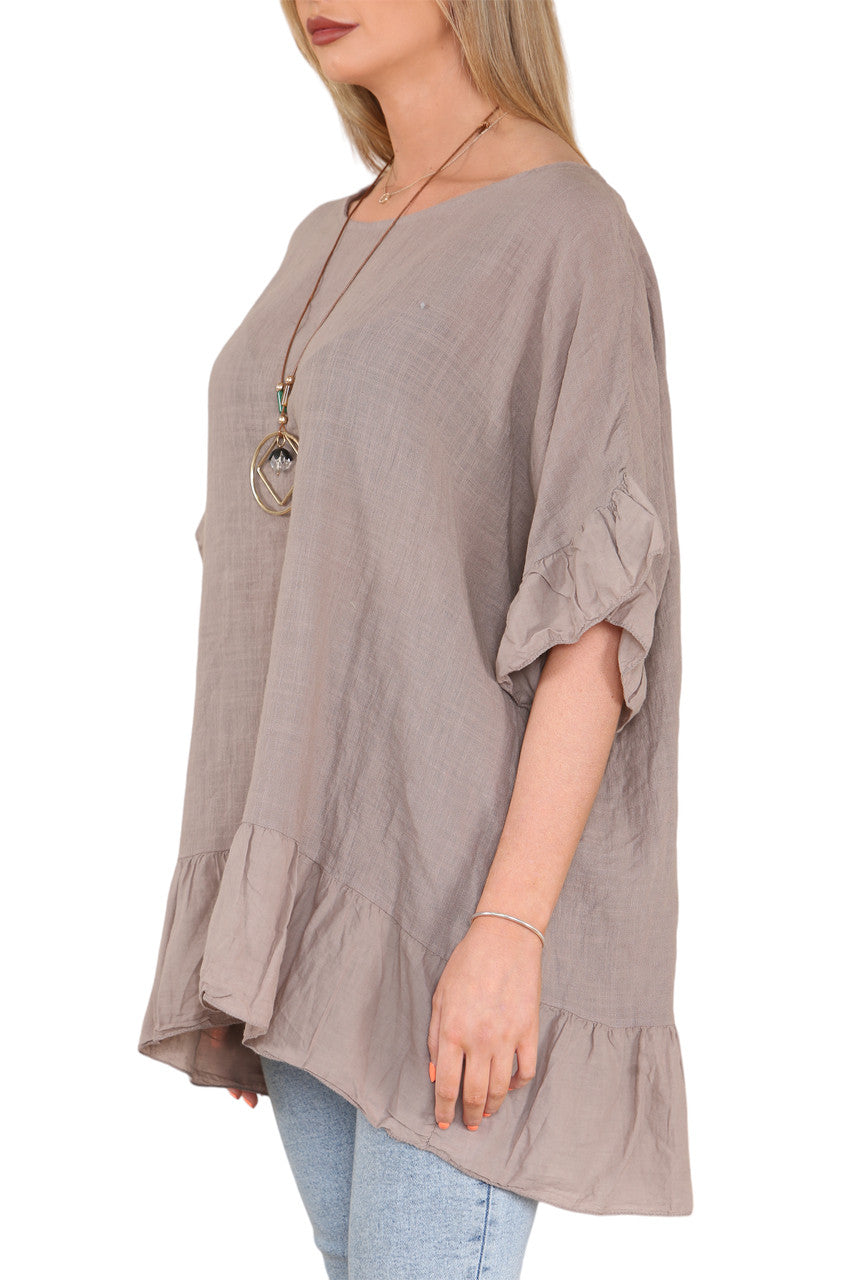 Ladies Frill Hem & Sleeve Floaty Top Taupe