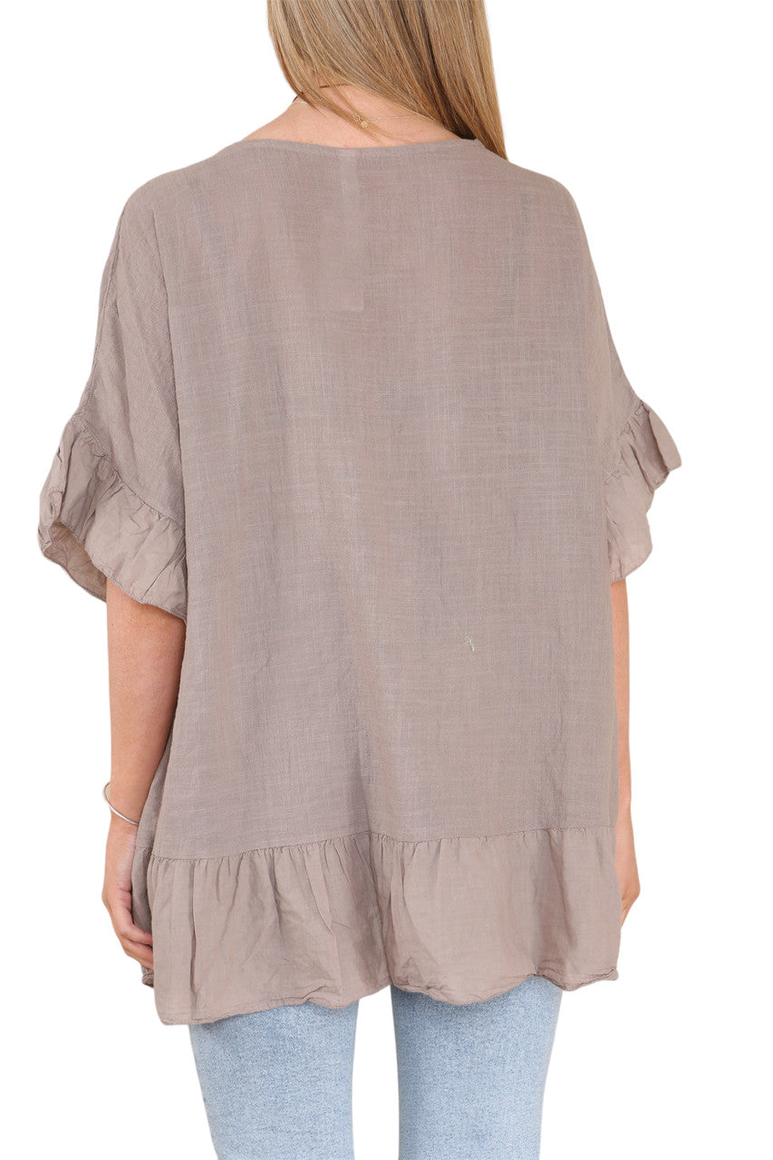 Ladies Frill Hem & Sleeve Floaty Top Taupe