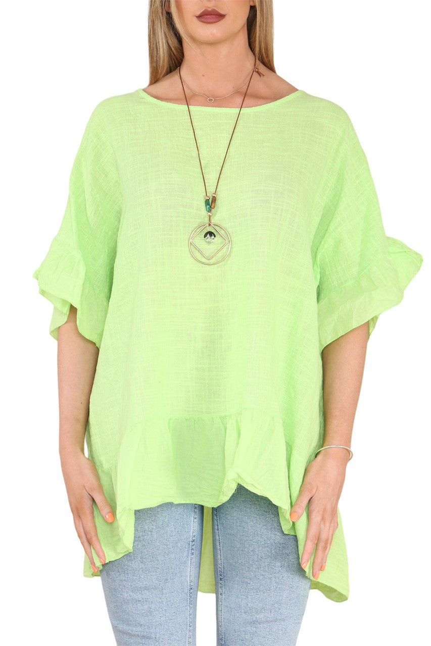 Ladies Frill Hem & Sleeve Floaty Top Lime
