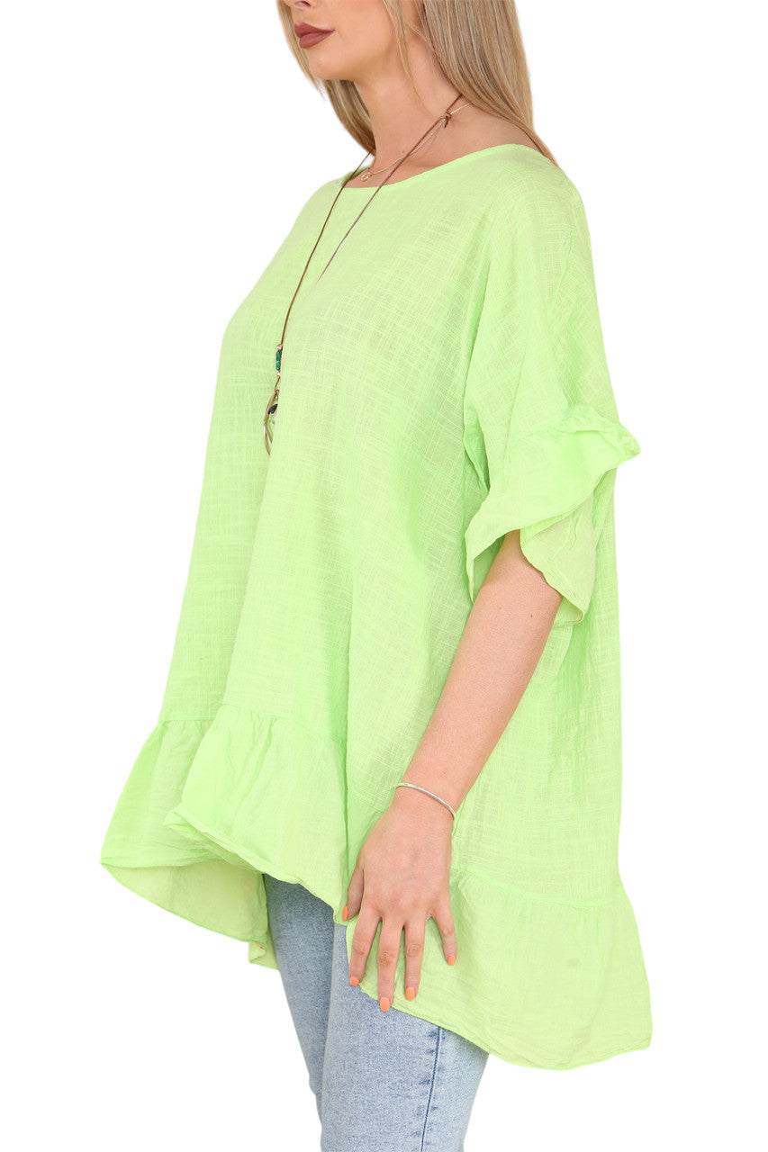 Ladies Frill Hem & Sleeve Floaty Top Lime