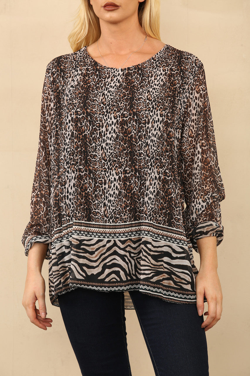 LUIPAARD ZEBRA RAND PRINT GEPLOOIDE BLOUSE BRUIN