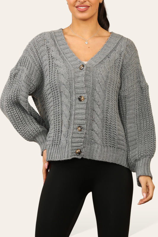 KABELGEBREID VEST MET KNOPEN ANTRACIET