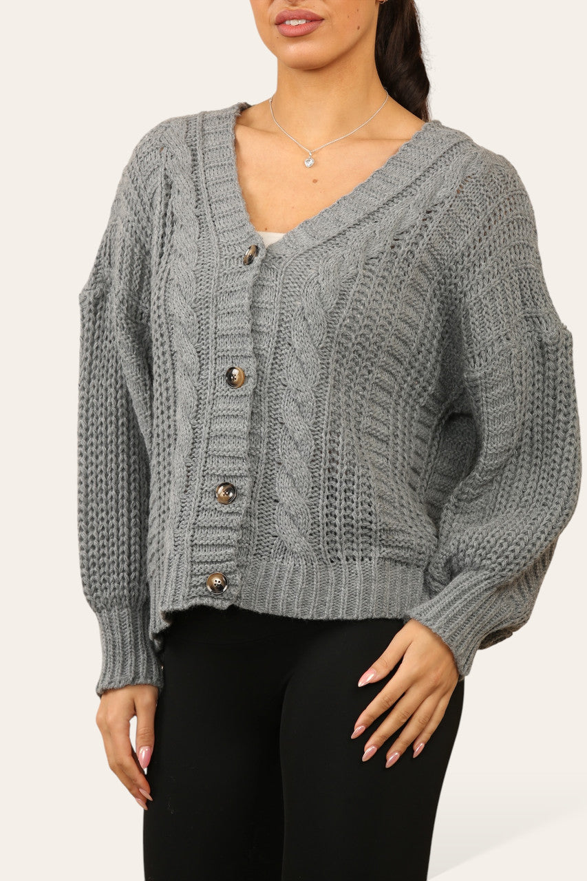 KABELGEBREID VEST MET KNOPEN ANTRACIET
