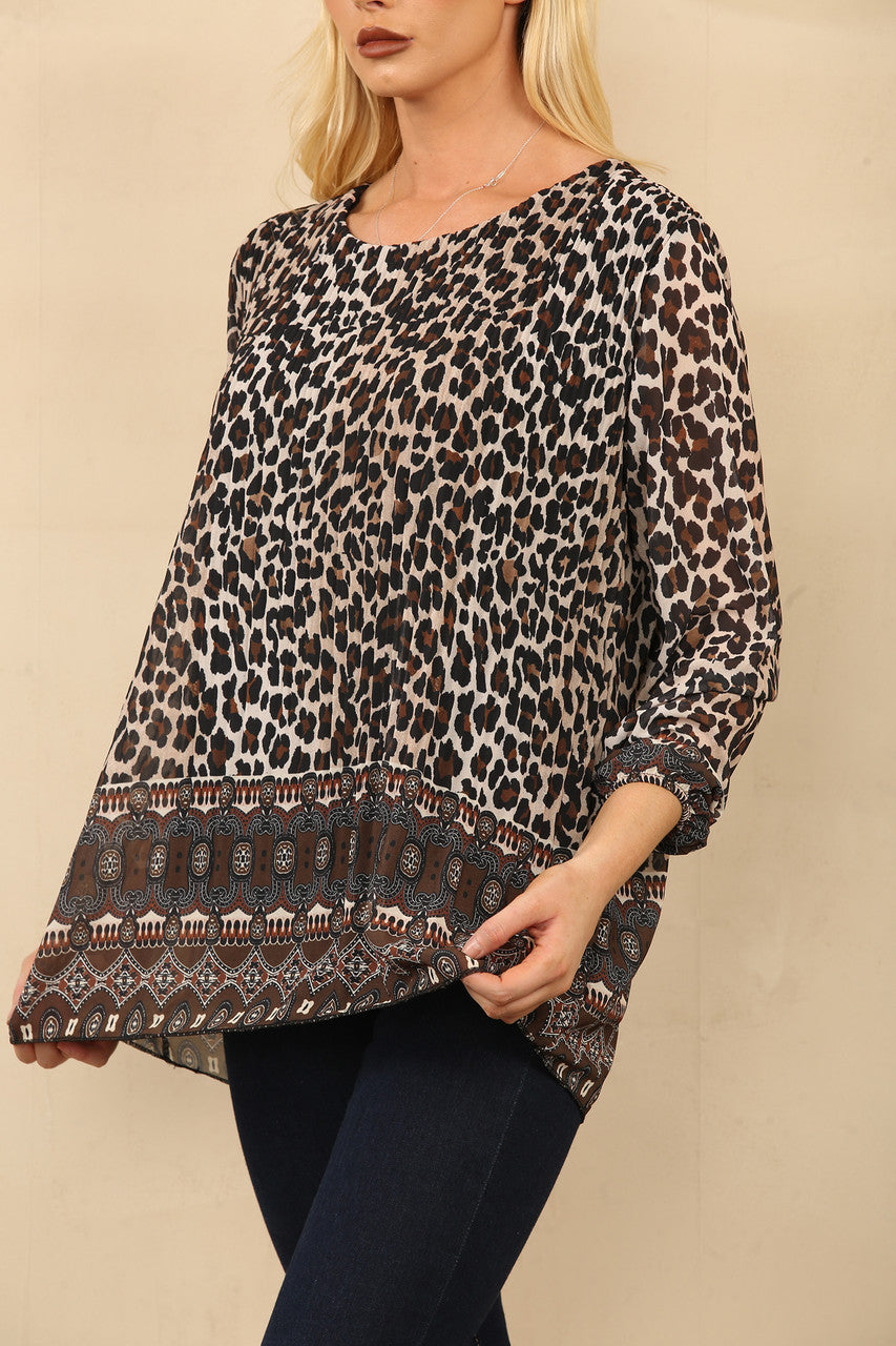 GEPLOOIDE BLOUSE MET LUI- EN TRIBALPRINT BRUIN