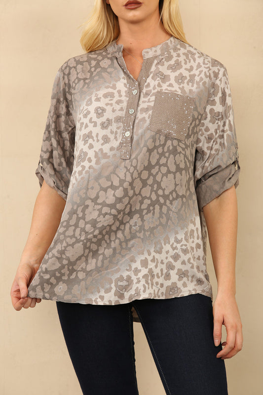 ABSTRACT DIERENPRINT GRANDADOVERHEMD BLOUSE TAUPE