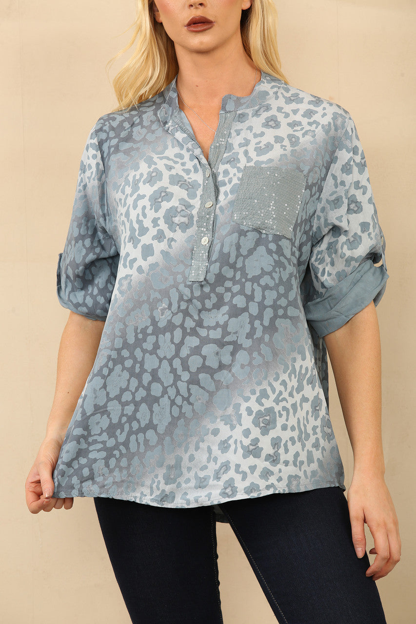 ABSTRACT ANIMAL PRINT GRANDAD SHIRT BLOUSE DENIM