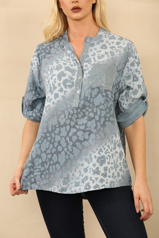 ABSTRACT DIERENPRINT GRANDADOVERHEMD BLOUSE DENIM