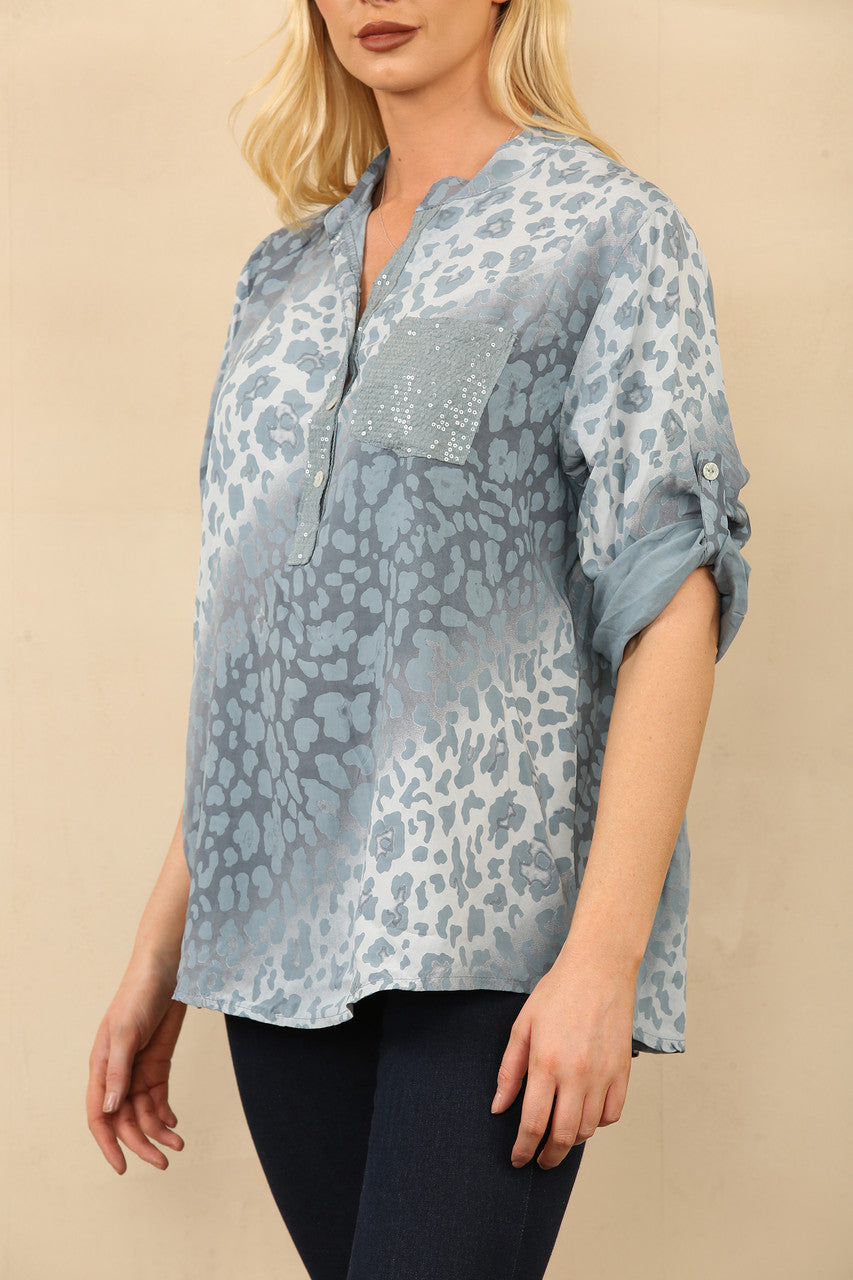 ABSTRACT ANIMAL PRINT GRANDAD SHIRT BLOUSE DENIM