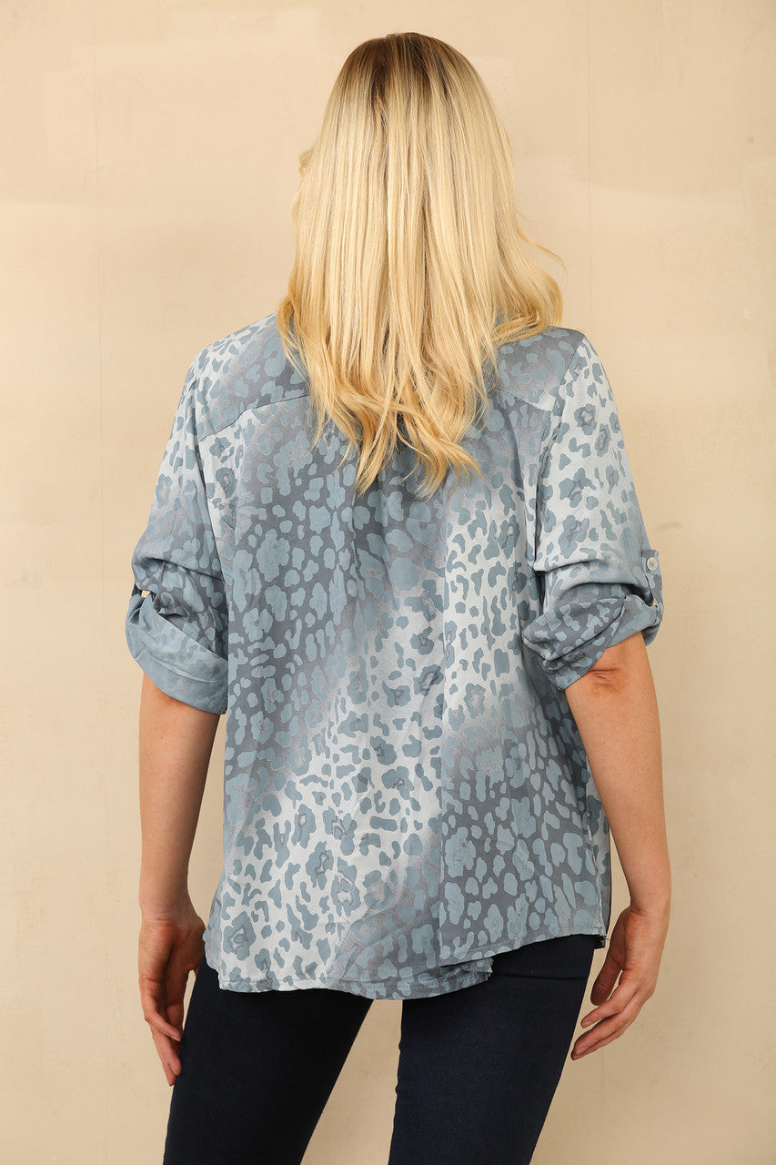 ABSTRACT ANIMAL PRINT GRANDAD SHIRT BLOUSE DENIM