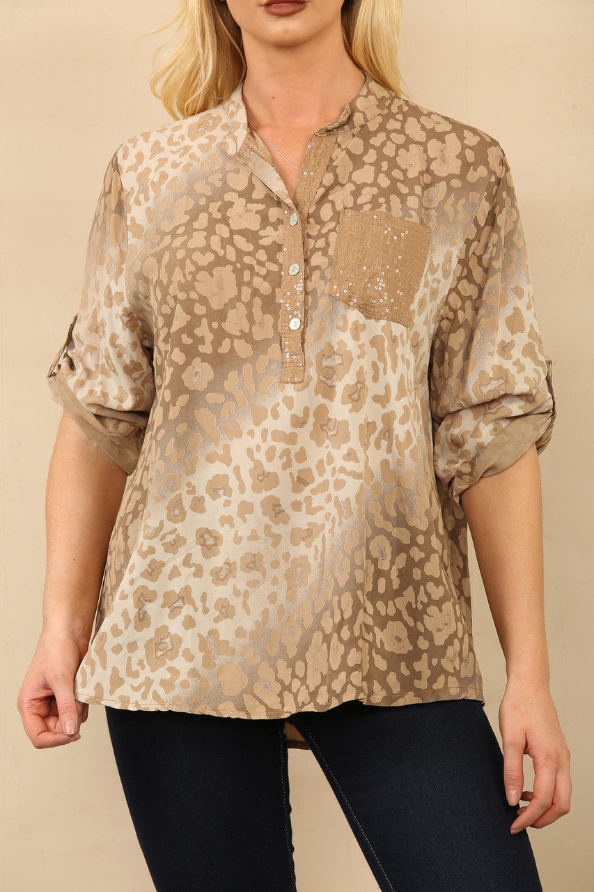 ABSTRACT ANIMAL PRINT GRANDAD SHIRT BLOUSE TAN