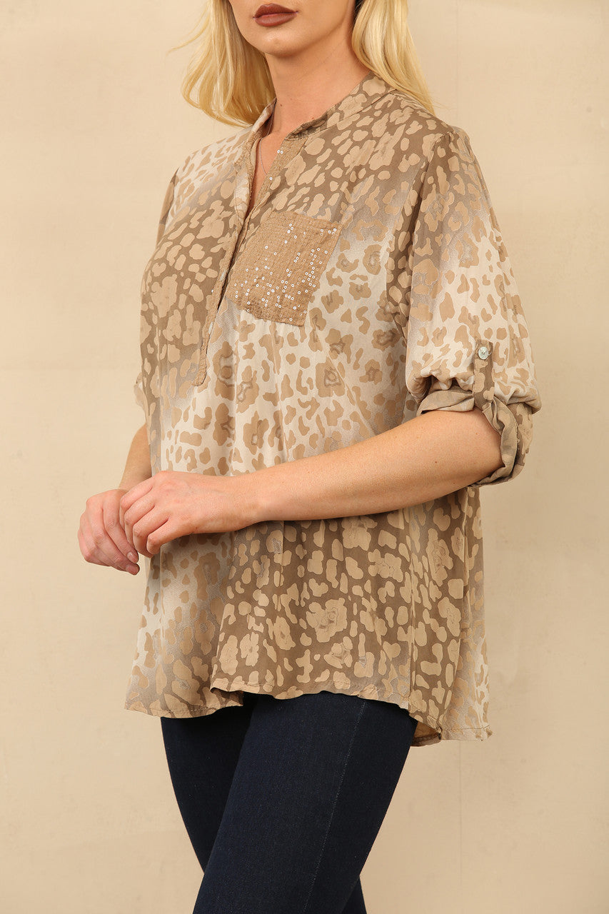 ABSTRACT ANIMAL PRINT GRANDAD SHIRT BLOUSE TAN