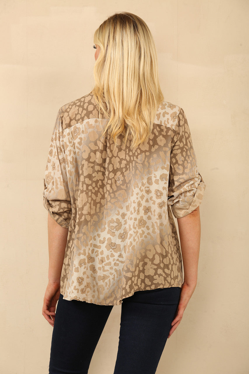 ABSTRACT ANIMAL PRINT GRANDAD SHIRT BLOUSE TAN