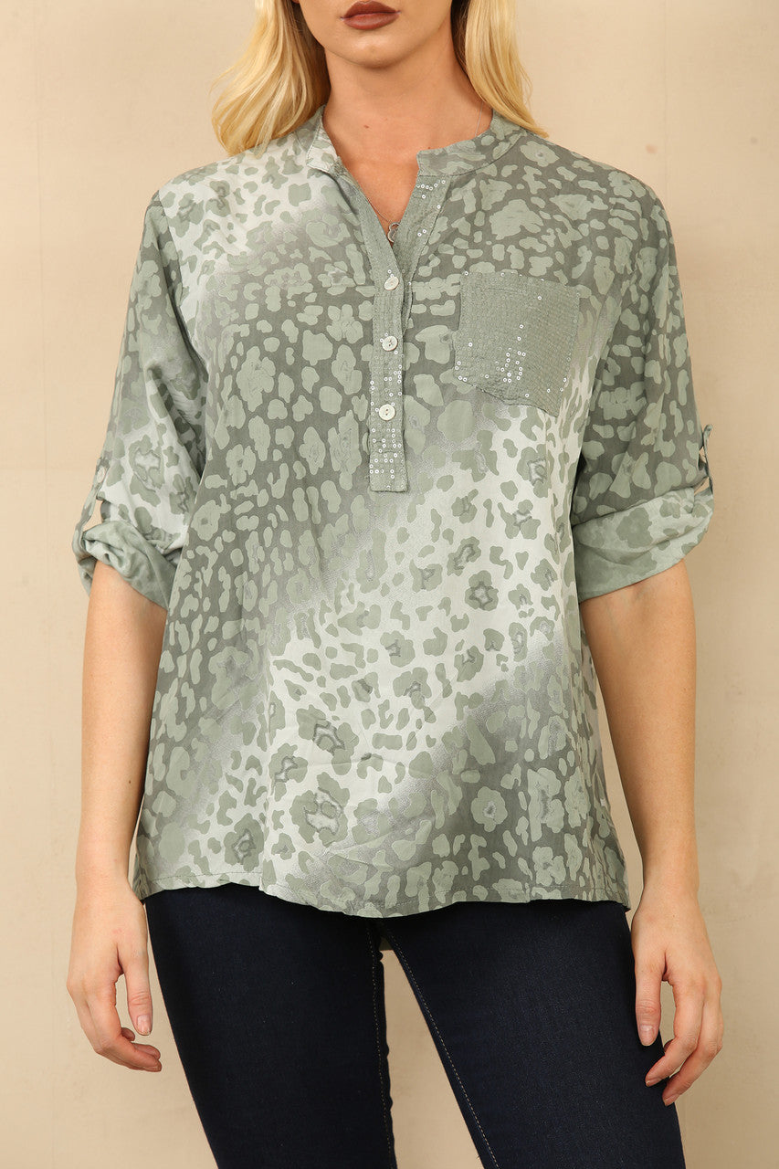 ABSTRACT DIERENPRINT GRANDAD BLOUSE KHAKI