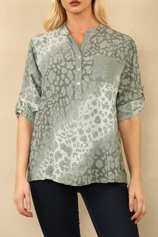 ABSTRACT DIERENPRINT GRANDAD BLOUSE KHAKI