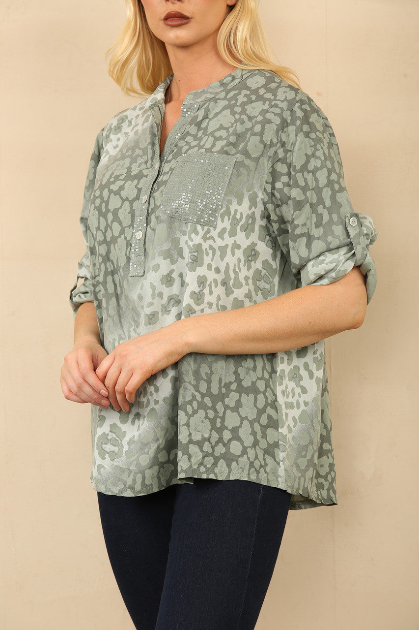 ABSTRACT DIERENPRINT GRANDAD BLOUSE KHAKI