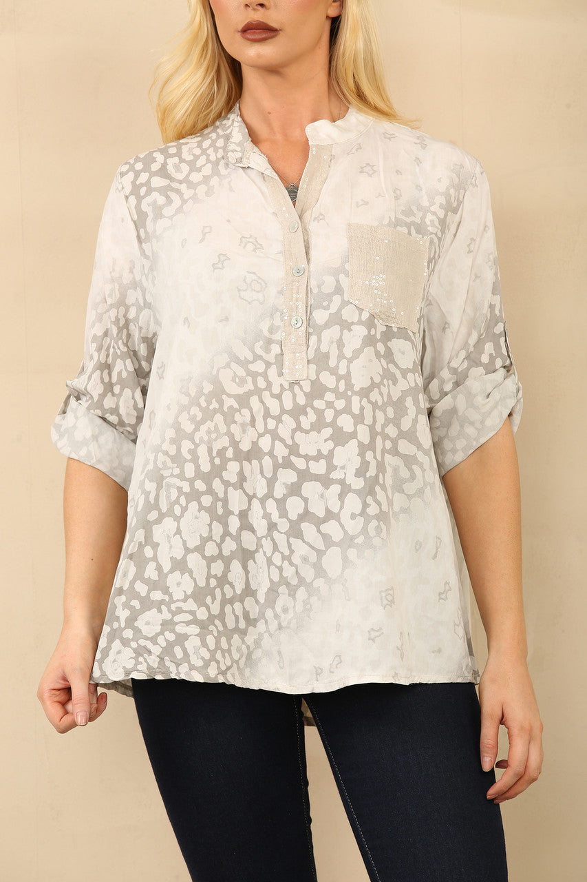 ABSTRACT ANIMAL PRINT GRANDAD SHIRT BLOUSE STONE
