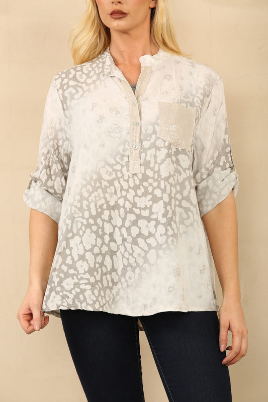 ABSTRACT ANIMAL PRINT GRANDAD SHIRT BLOUSE STONE