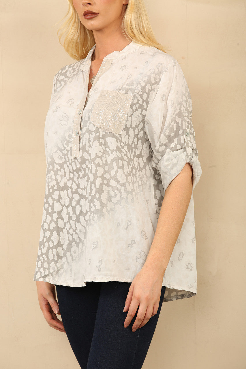 ABSTRACT ANIMAL PRINT GRANDAD SHIRT BLOUSE STONE