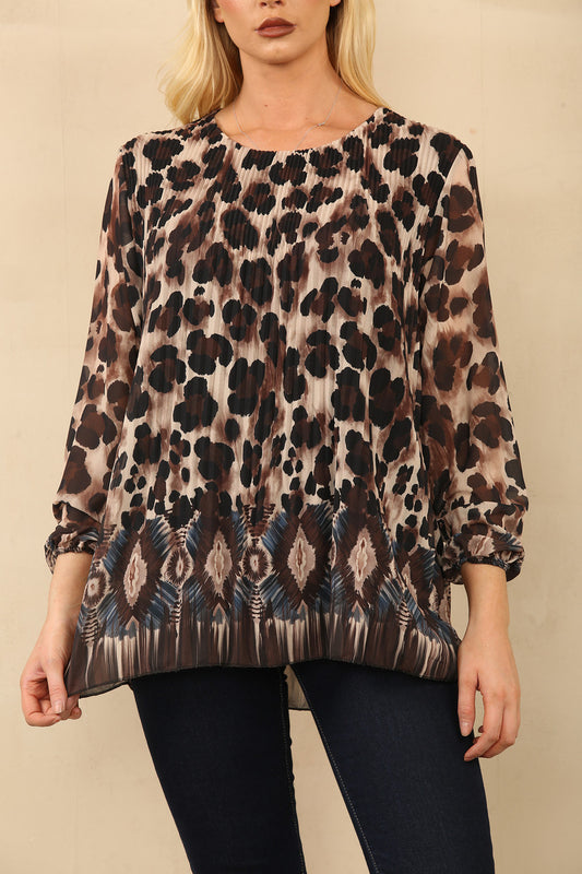 BLOUSE MET PLOOIEN EN LEOPAARD BORDERPRINT BRUIN