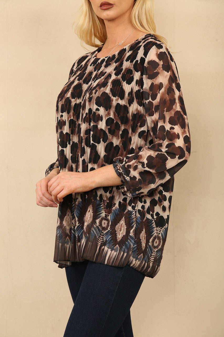 BLOUSE MET PLOOIEN EN LEOPAARD BORDERPRINT BRUIN