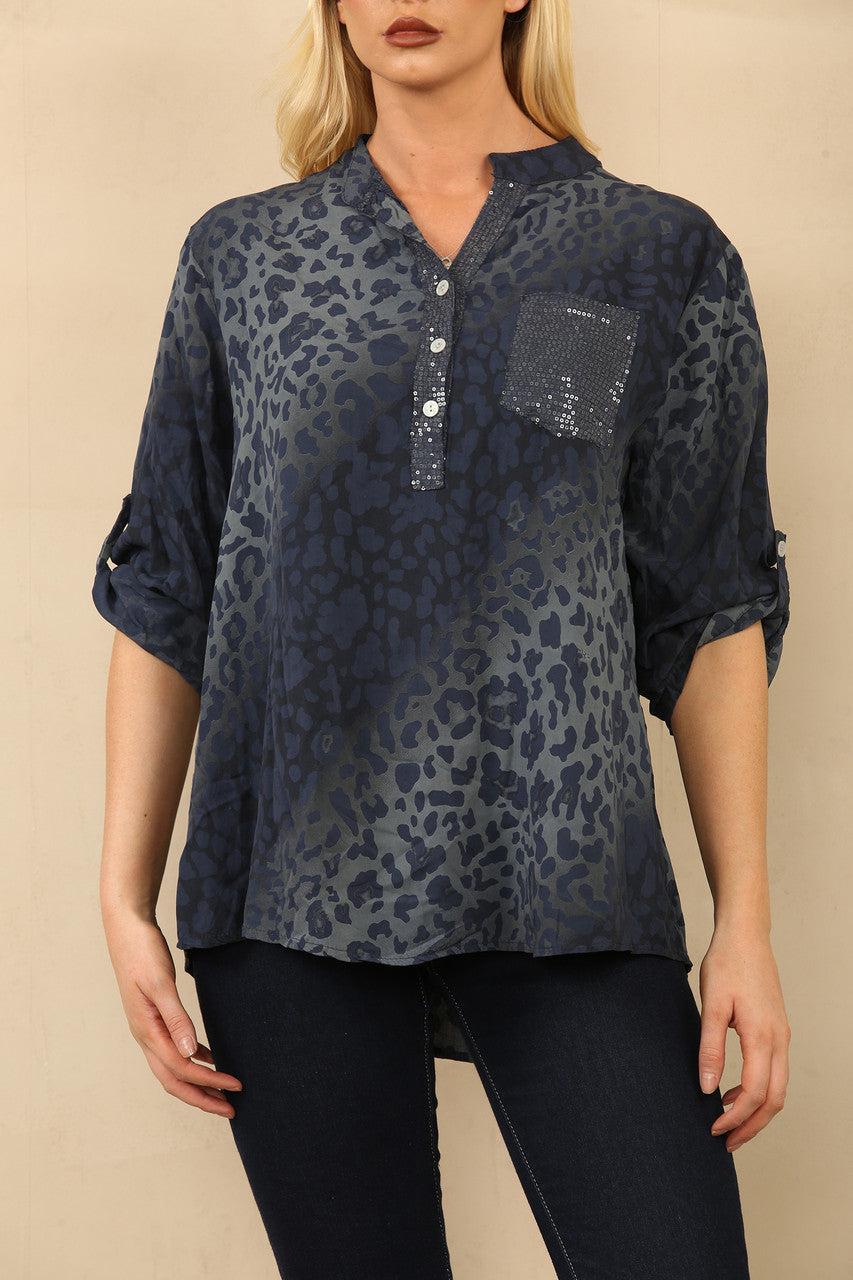 ABSTRACT ANIMAL PRINT GRANDAD SHIRT BLOUSE NAVY