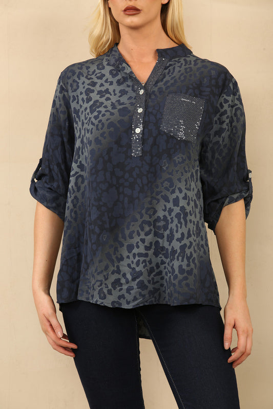 ABSTRACT ANIMAL PRINT GRANDAD SHIRT BLOUSE NAVY