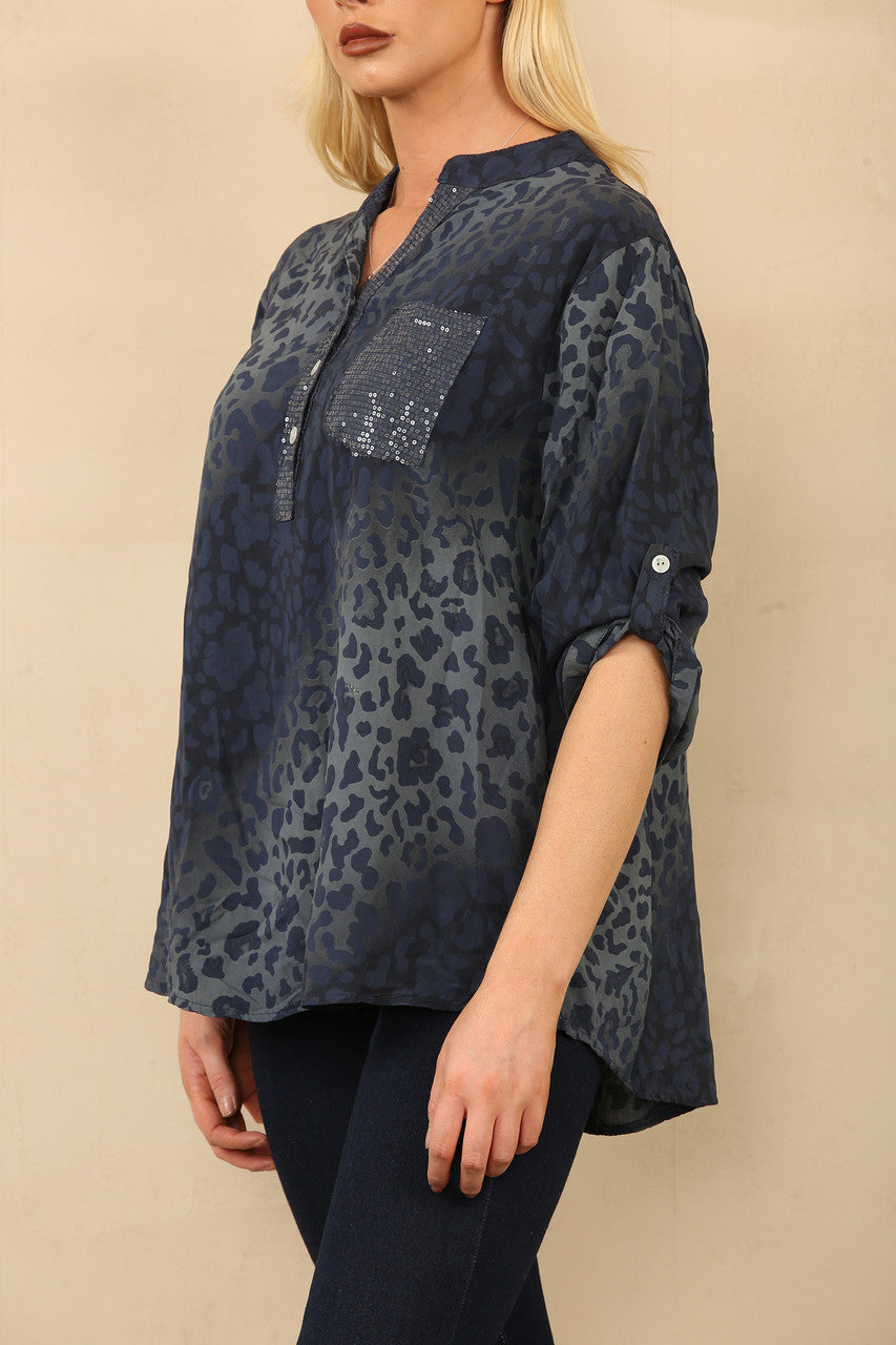 ABSTRACT ANIMAL PRINT GRANDAD SHIRT BLOUSE NAVY