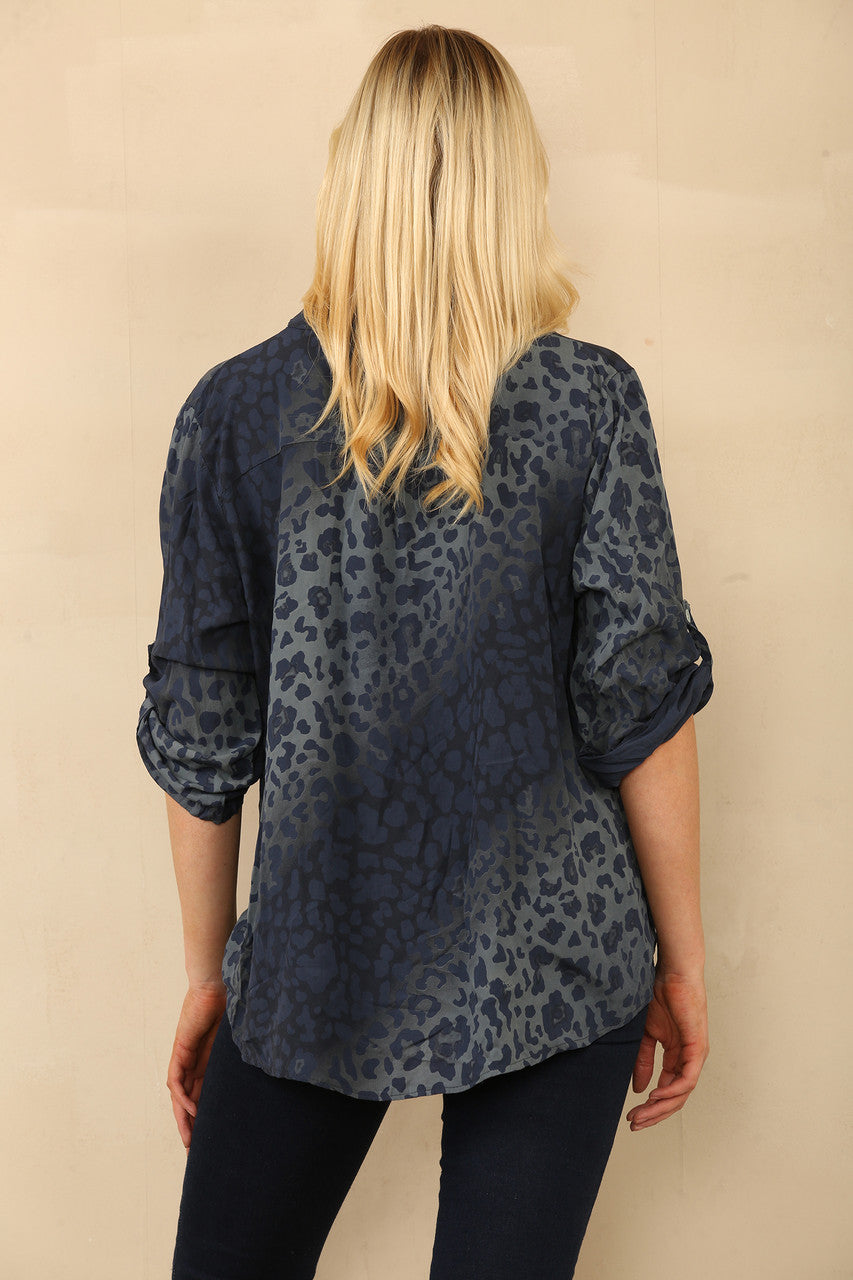 ABSTRACT ANIMAL PRINT GRANDAD SHIRT BLOUSE NAVY