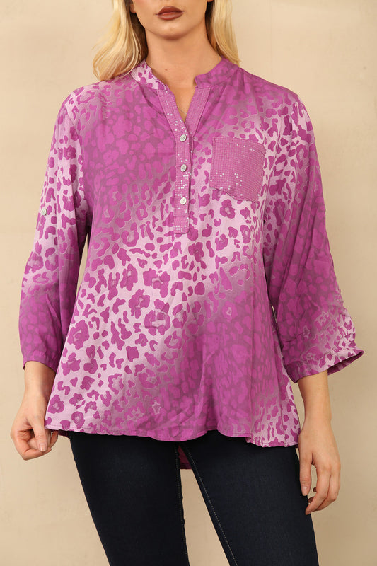 ABSTRACT ANIMAL PRINT GRANDAD SHIRT BLOUSE MAGENTA