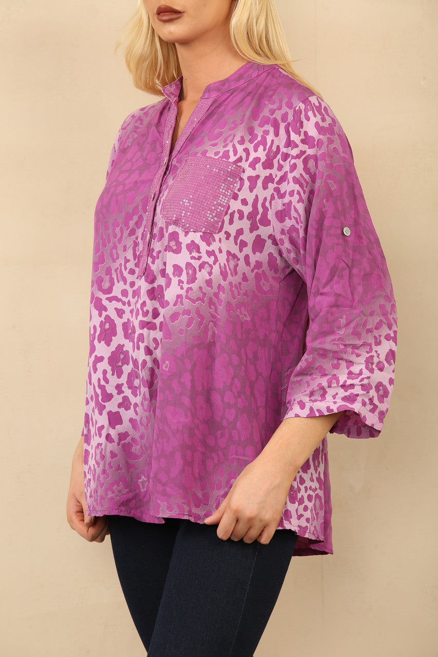 ABSTRACT ANIMAL PRINT GRANDAD SHIRT BLOUSE MAGENTA