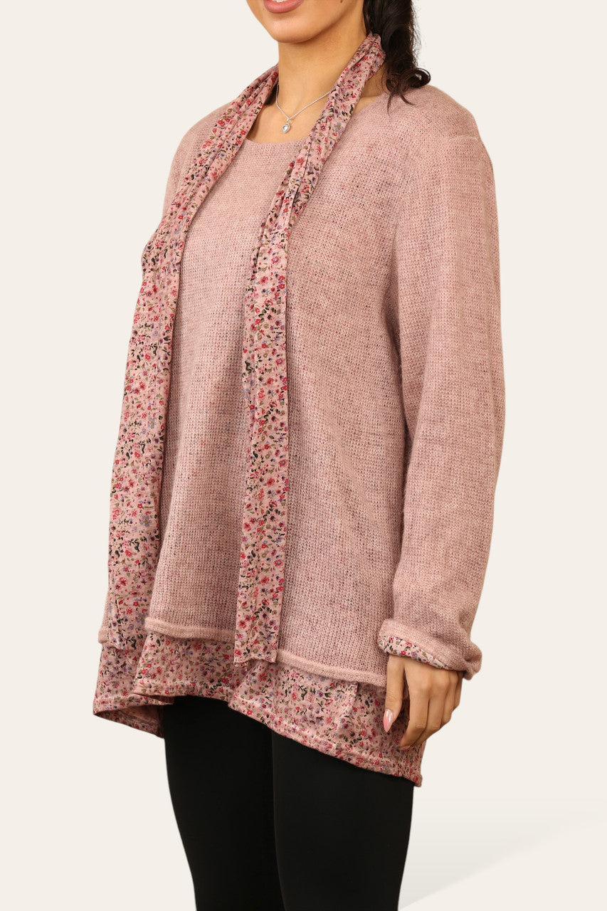 DITSY FLORAL PRINT 2 LAYER JUMPER WITH MATCHING SCARF PINK