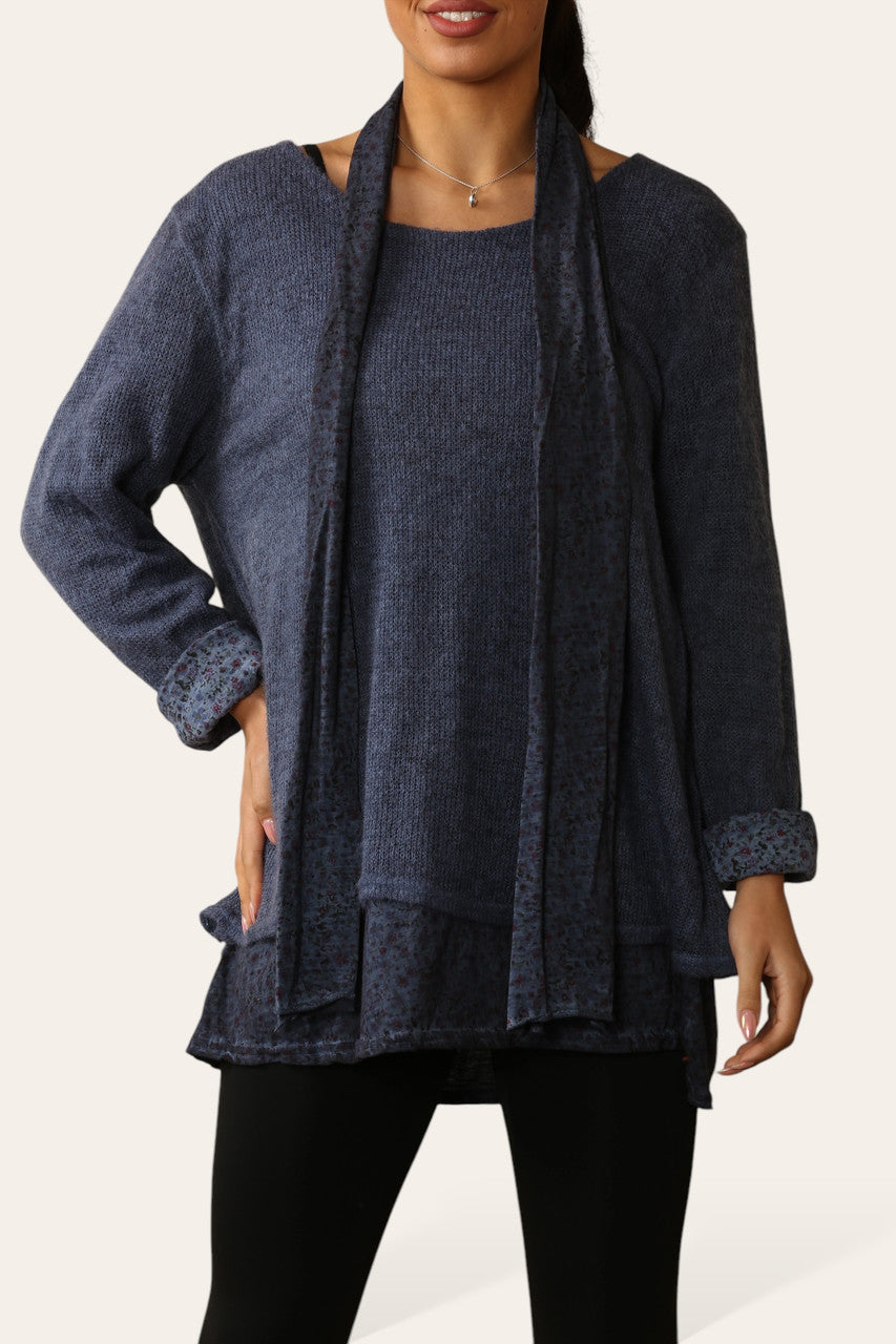 TRUI MET 2 LAGEN EN DITSY BLOEMENPRINT MET BIJPASSENDE SJAAL DENIM