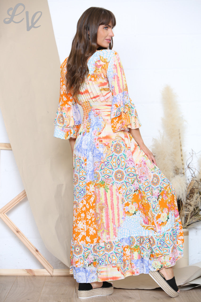 Dames V-hals Maxi Jurk met Uitlopende Mouw Oranje