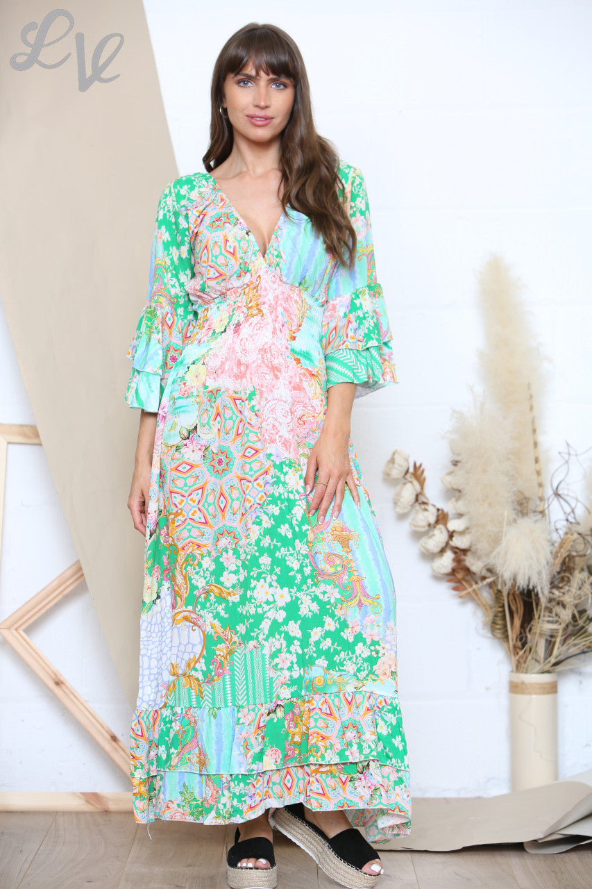 Dames V-Hals Maxi Jurk met Uitlopende Mouw Groen