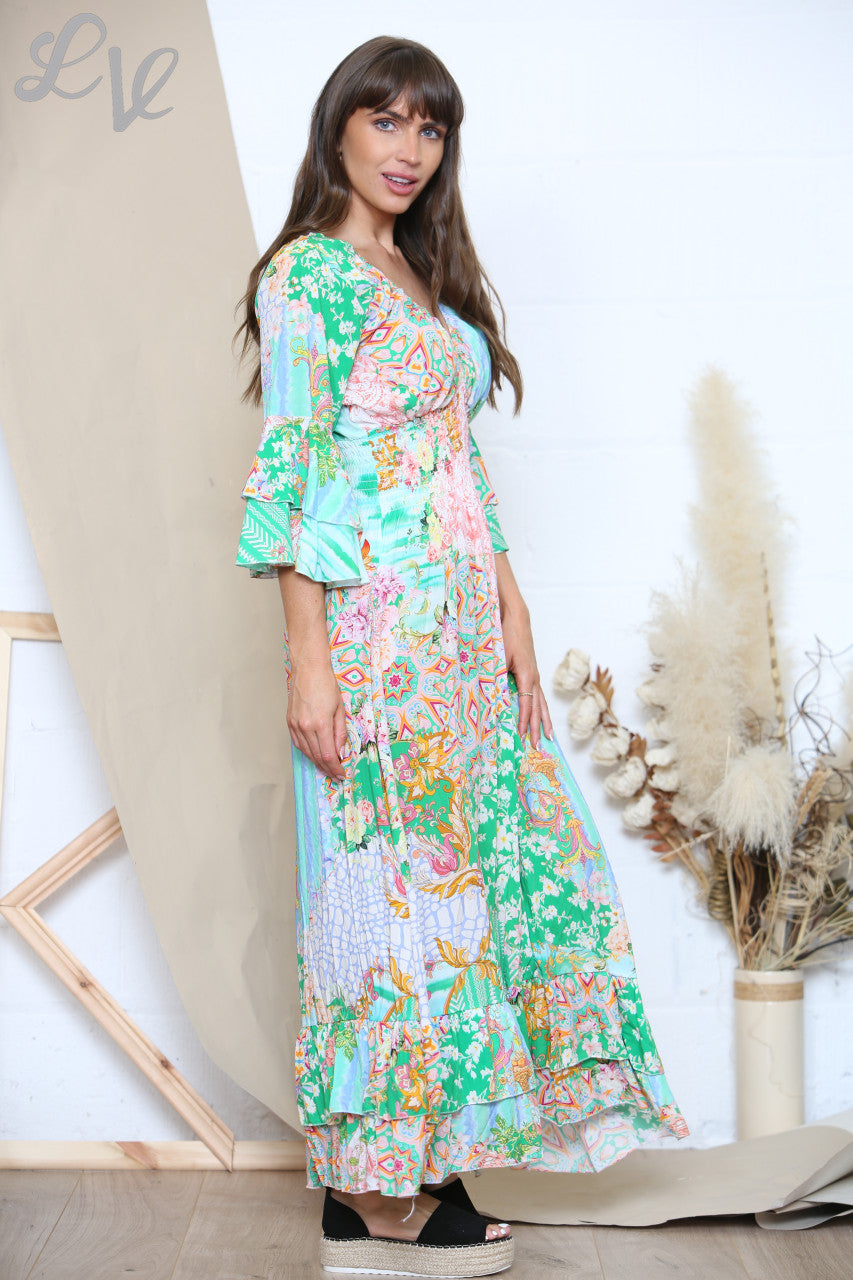 Dames V-Hals Maxi Jurk met Uitlopende Mouw Groen