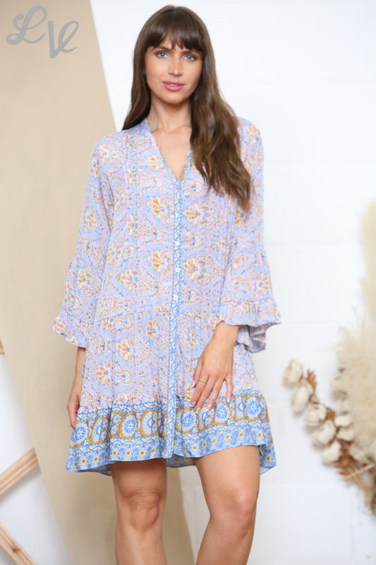 Damesjurk met paisleymotief, knoopsluiting en geplooide zoom, blauw