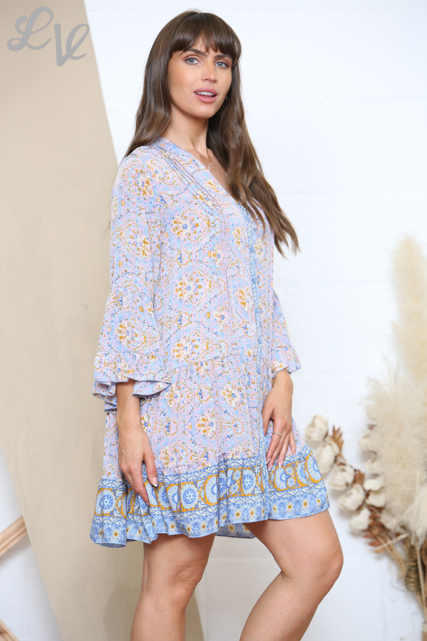 Damesjurk met paisleymotief, knoopsluiting en geplooide zoom, blauw