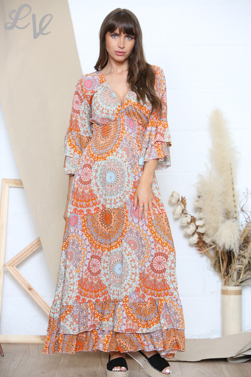 Ladies Paisley Print Maxi Dress Orange